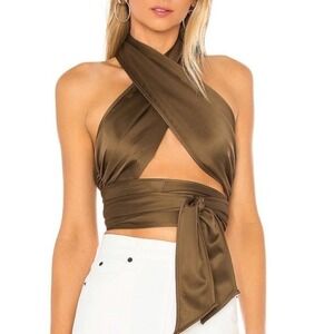 LPA Sleeveless Gathered Wrap Tie Satin Cropped Top 532 Taupe M‎ Revolve Glam